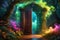 vibrant magical door, glowing neon mists swirling around enchanted smoke patterns, door ajar, revealing mysteries