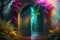 vibrant magical door, glowing neon mists swirling around enchanted smoke patterns, door ajar, revealing mysteries