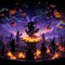 Vibrant and Magical Halloween-Themed Party Scene with Bubbling Cauldron and Diverse Costumed Party-Goers