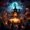 Vibrant and Magical Halloween-Themed Party Scene with Bubbling Cauldron and Diverse Costumed Party-Goers