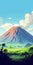 Vibrant Manga Style Illustration Of Volcano With Palm Trees And Mountains
