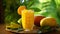 vibrant mango juice on a woodren table