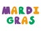 Vibrant Mardi Gras text in hand drawn font white isolated vector