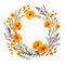 Vibrant Marigold Wreath With Pressed Lavender Flowers In Watercolor Style