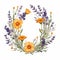 Vibrant Marigold Wreath With Pressed Lavender Flowers Watercolor Style