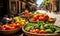 Vibrant Mediterranean street market scene with a focus on fresh, colorful vegetables displayed in baskets under the bright summer