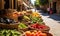 Vibrant Mediterranean street market scene with a focus on fresh, colorful vegetables displayed in baskets under the bright summer
