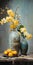 Vibrant Melons And Antique Metallic Vases With Yellow Orchids