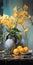 Vibrant Melons And Antique Metallic Vases With Yellow Orchids