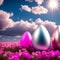 Vibrant Metallic Easter Eggs In Field Of Pink Flowers - AI Generated Illustration