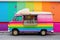 A vibrant, modern van parked in front of a stunning, colorful wall, creating a lively urban street scene, A food truck that sells