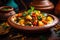 A vibrant Moroccan tagine served with couscous, mediterranean food life style Authentic