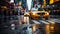 Vibrant motion blur of yellow cabs in downtown nyc, capturing the bustling street scene