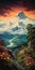 Vibrant Mountain Painting In The Style Of Hirohiko Araki And David Michael Bowers