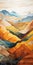 Vibrant Mountain Painting In Wood Veneer Mosaic Style