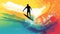 Vibrant multi-colored artistic image of person surfing on wave at the beach