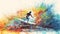 Vibrant multi-colored artistic image of person surfing on wave at the beach