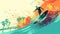 Vibrant multi-colored artistic image of person surfing on wave at the beach