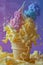 Vibrant Multi Colored Ice Cream Cone With Dynamic Splash Against Purple Background