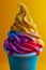 Vibrant Multi Colored Soft Serve Ice Cream Cone on Bright Yellow Background for Summertime Refreshment Concept