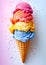 Vibrant Multi-flavored Ice Cream in a crispy waffle cone with sprinkles