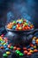 Vibrant Multicolored Candy in Black Cauldron with Steam on Dark Background Halloween Themed Sweet Treat Concept