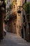 The vibrant and multicultural neighborhood of Raval in Barcelona, Spain, features narrow streets and historic architecture