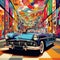 Vibrant Museum Scene with Vintage Cars in Pop Art Style