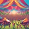 A vibrant music festival in a sprawling meadow, with colorful tents, stage lights, and thousands of music lovers swaying to the be
