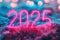 Vibrant Neon 2025 Sign Glowing Pink and Blue Over Wet Reflective Surface