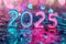 Vibrant Neon 2025 Sign Glowing Pink and Blue Over Wet Reflective Surface