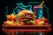 Vibrant neon burger and soda cup in message frame evoke mouthwatering cravings.