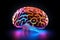 A vibrant, neon-lit brain model with a glowing stem isolated on a black background, intelligence and neural activity