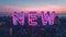 Vibrant Neon NEW Sign Over Urban Twilight Skyline