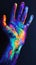 Vibrant neon paint on human hand against a dark background