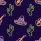 Vibrant Neon Sombrero Pattern, Colorful Cactus and Guitar Design. glowing desktop icon, neon sticker, neon figure