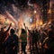 Vibrant New Year& x27;s Eve Party Scene with LED Confetti Rain: Illuminated Festivities