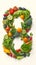 Vibrant number 8 formed by colorful fruits and vegetables