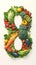 Vibrant number 8 formed by colorful fruits and vegetables