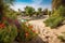 vibrant oasis with lush foliage and blooming flowers against the warm sands