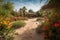 vibrant oasis with lush foliage and blooming flowers against the warm sands