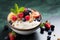 Vibrant oat granola bowl with yogurt, fruits, and nuts, top view