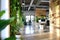A vibrant office space adorned with an extensive collection of green plants on the wall, A green office environment emphasizing