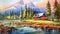 Vibrant Oil Painting Of Cabin By River And Mountains In 2d Game Art Style