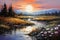 Vibrant oil painting showcasing a breathtaking sunset scene. Captures the majestic beauty of a sunset over a mountain range with