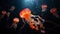 Vibrant orange bell jellyfish gracefully glowing in the mesmerizing depths of the deep blue ocean