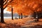 Vibrant orange leaves blanket serene park in picturesque autumn scene