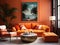 Vibrant orange sofa and copper ottomans. Art deco style interior design of modern living room