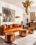 Vibrant orange sofa and copper ottomans. Art deco style interior design of modern living room. Created with generative AI