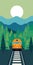 Vibrant Orange Train In Northwest Forest - Graphic Design Poster Art